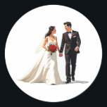 Timeless Wedding Moment Sticker Runt Klistermärke<br><div class="desc">Captivating illustration of a bride and groom holding hands,  perfect for celebrating love and commitment. Ideal for wedding decor and sentimental gifting.</div>