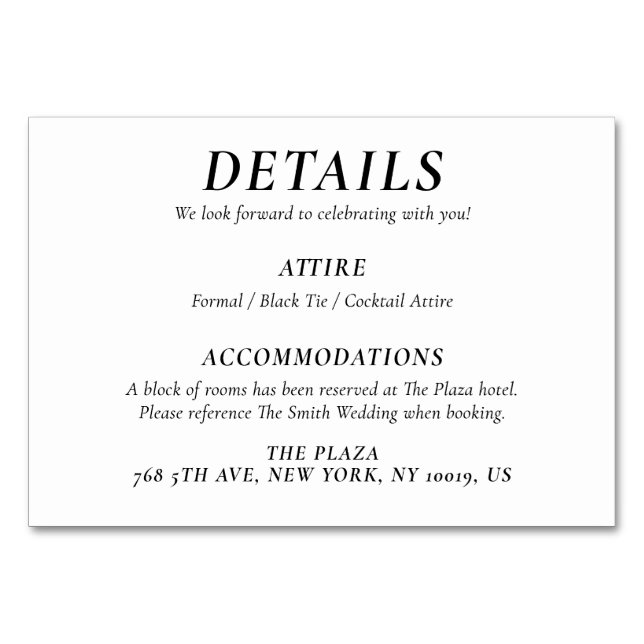 Timeless White Elegant Wedding Detail Cards Bordsnummer (Framsidan)