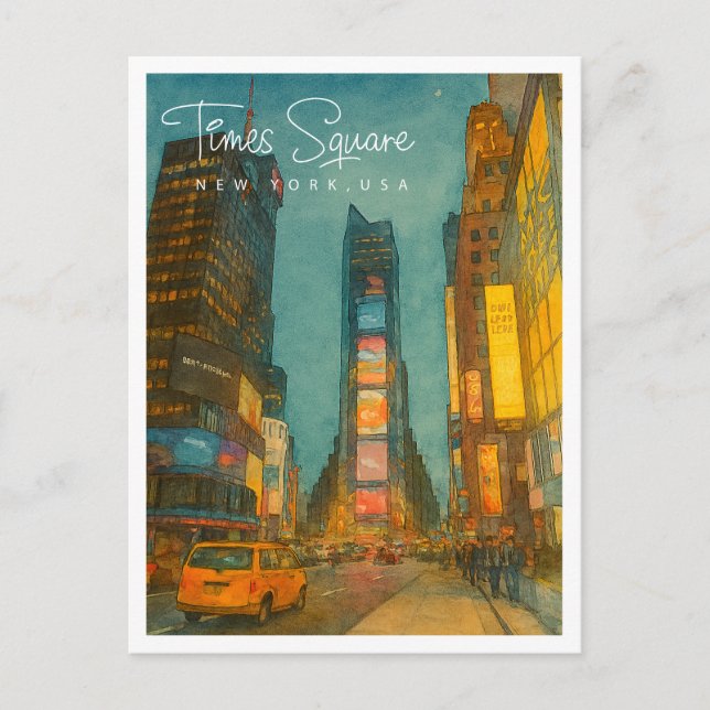 Times Square NYC Night Ljus Watercolor Helg Vykort (Framsida)