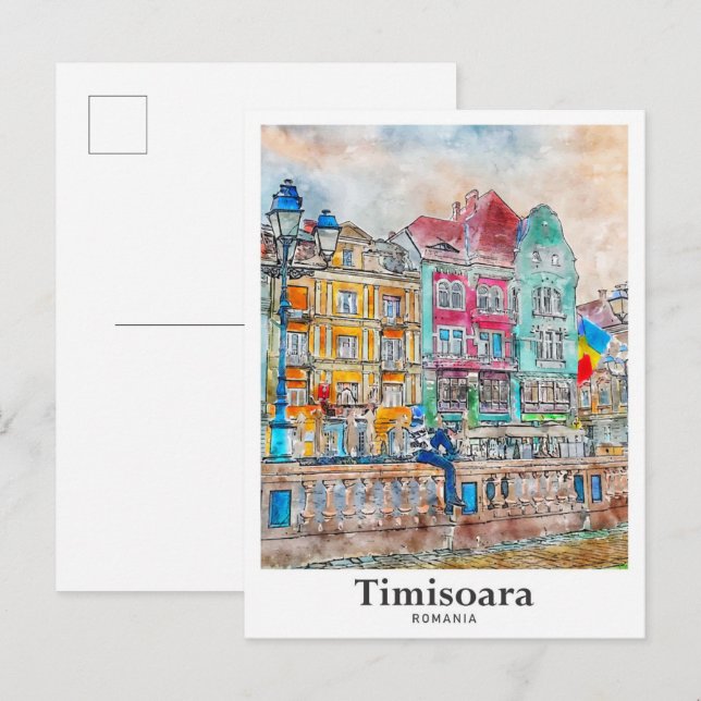 Timisoara Rumänien Travel Watercolor Hand plockade Vykort (Fram/baksida)