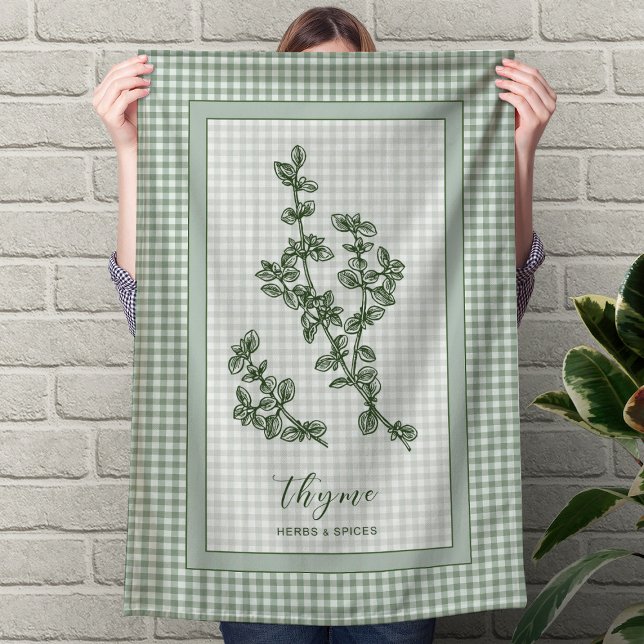 Timjan ört köksduk – grön rutig kant kökshandduk (Thyme Herb Kitchen Towel – Green Gingham Border)