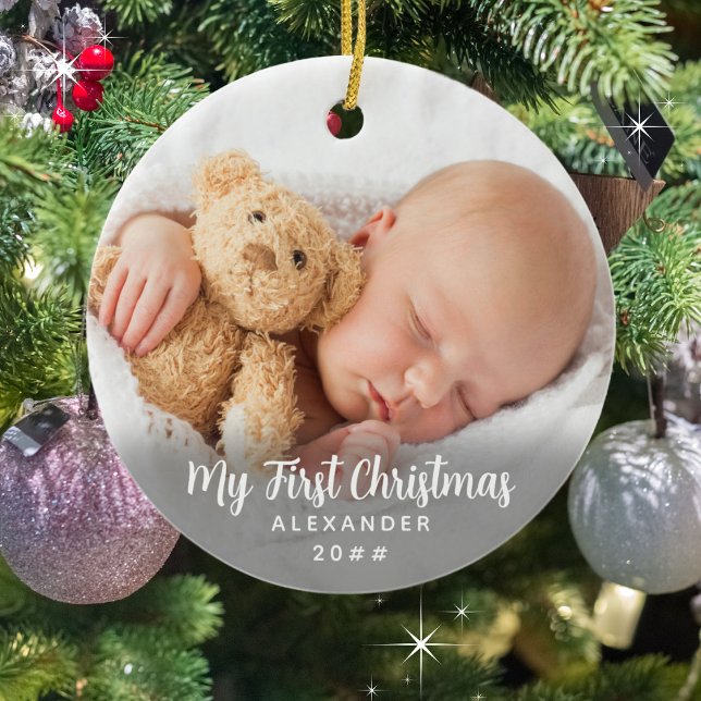 Timless and Iconic Min första jul Julgransprydnad Keramik (Front shown. Personalize with your child's photo on the front AND back. Add a name and year. )
