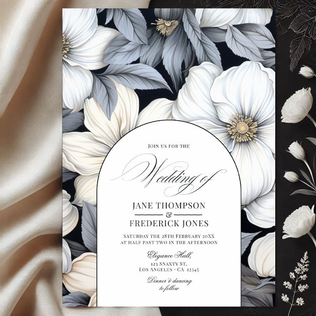 Timless Black and White Blommigt Bröllop Inbjudningar (Timeless Black and White Floral Wedding Invitation)