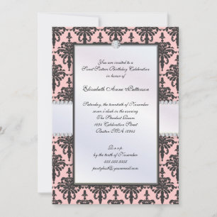 Timless Black & Rosa Damask Sweet 16 Party Inbjudningar