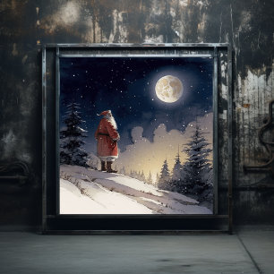 Timless Black Santa Gazing vid jul Måne Poster