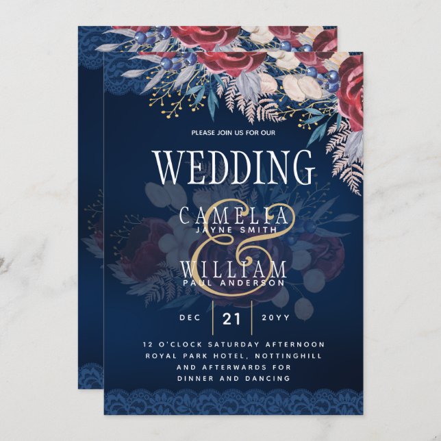 Timless Blue Burgundy Blommigt Snöre Bröllop Inbjudningar (Fram/baksida)