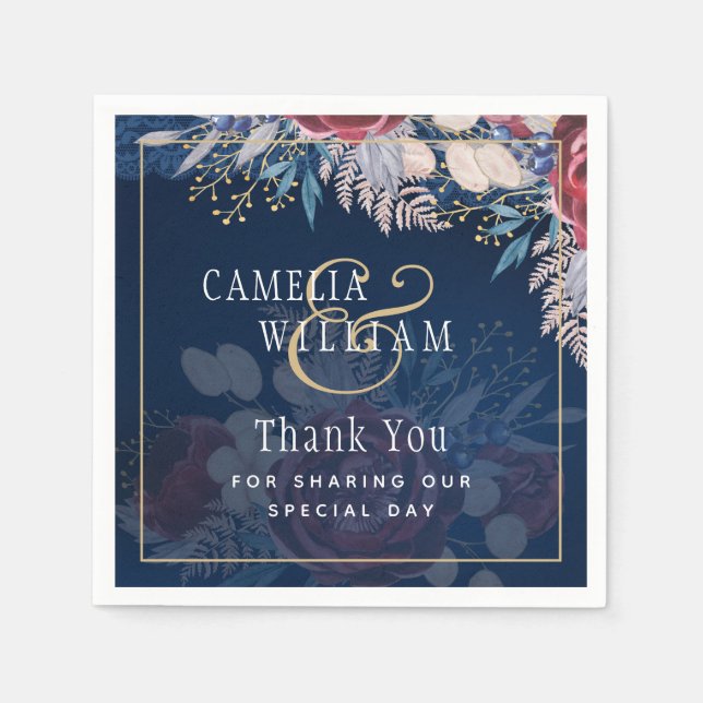 Timless Blue Burgundy Blommigt Snöre Bröllop Pappersservett (Framsidan)