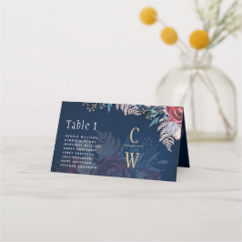 Timless Blue Burgundy Blommigt Snöre Bröllop Placeringskort