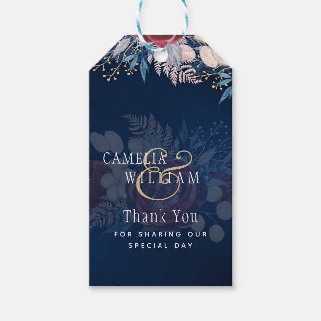 Timless Blue Burgundy Blommigt Snöre Bröllop Presentetikett (Framsidan)