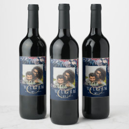 Timless Blue Burgundy Blommigt Snöre Bröllop Vinflaska Etikett