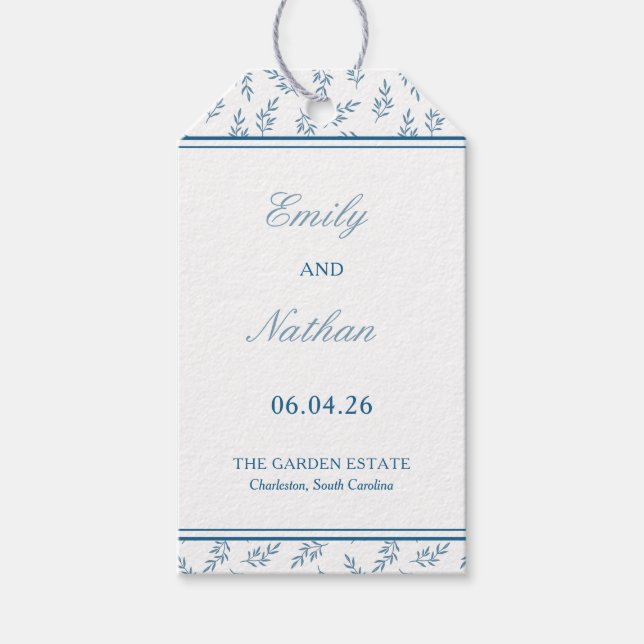 Timless Blue Garden Elegant Classic Bröllop Presentetikett (Framsidan)