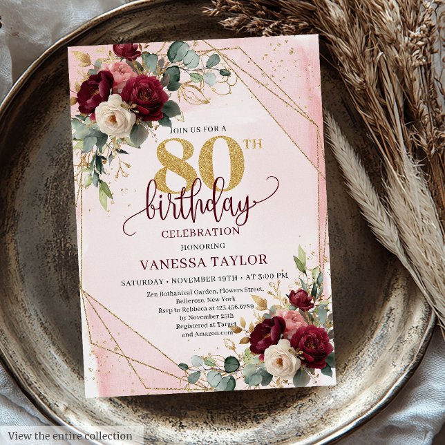 Timless Boho Burgundy Guld Ro 80:e födelsedagen Inbjudningar (Timeless Boho Burgundy Gold Roses 80th Birthday Invitation)