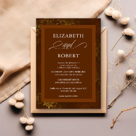 Timless Brown Guld Blommigt Damask Wedding Inbjudningar