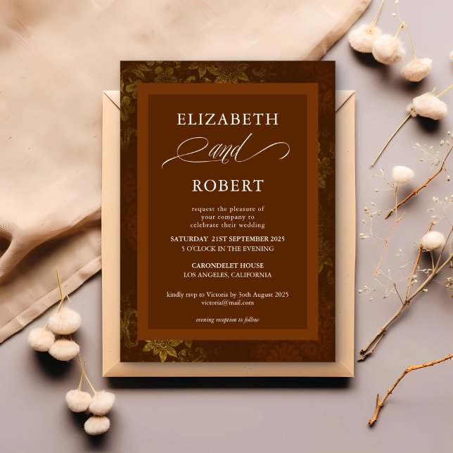 Timless Brown Guld Blommigt  Damask Wedding Inbjudningar (Skapare uppladdad)