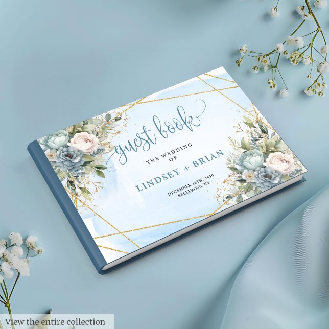 Timless Dusty Blue White Guld Blommigt Guest Bok (Timeless Dusty Blue White Gold Floral Guest Book)