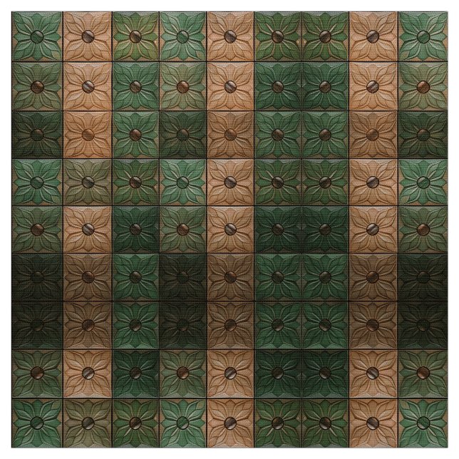 Timless Earthy Grönt och Brown Blommigt Tile Fabri Tyg (Provkarta)