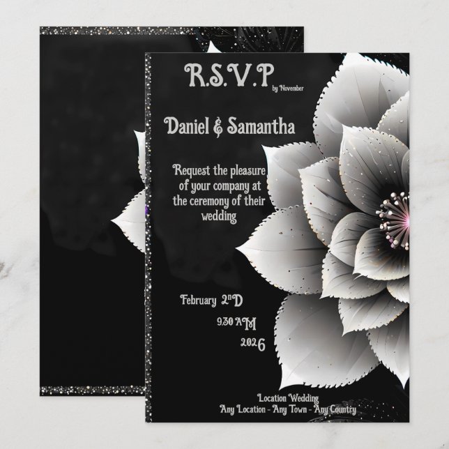 Timless Elegance: Black & Silver Blommar Bröllop Inbjudningar (Fram/baksida)