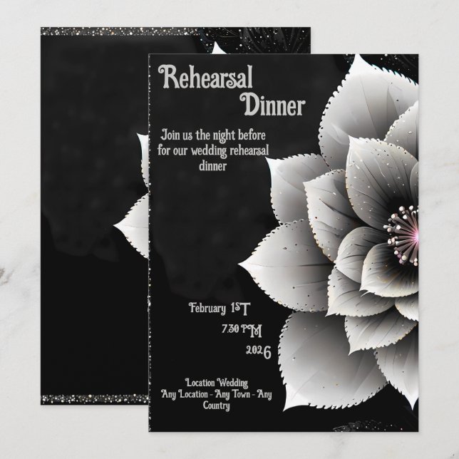 Timless Elegance: Black & Silver Blommar Bröllop Inbjudningar (Fram/baksida)