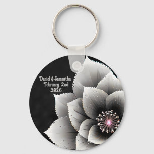 Timless Elegance: Black & Silver Blommar Bröllop Nyckelring