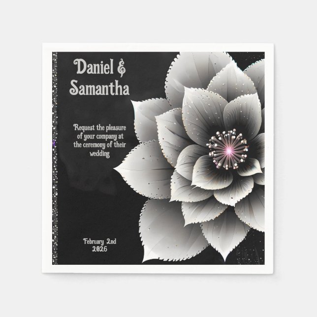 Timless Elegance: Black & Silver Blommar Bröllop Pappersservett (Framsidan)
