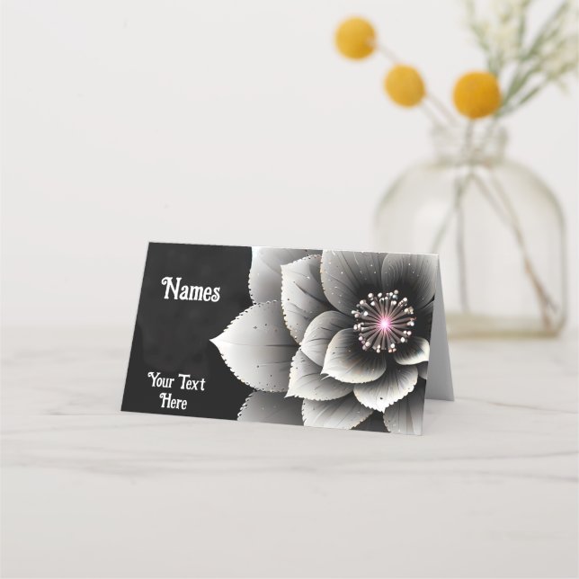 Timless Elegance: Black & Silver Blommar Bröllop Placeringskort (Framsida)