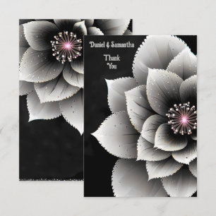 Timless Elegance: Black & Silver Blommar Bröllop Tack Kort