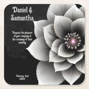 Timless Elegance: Black & Silver Blommar Bröllop Underlägg Papper Kvadrat