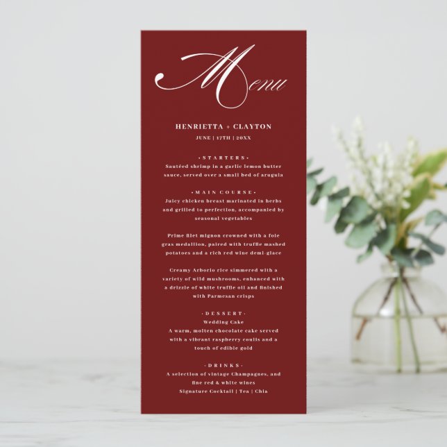 Timless Elegance Burgundy Bröllop Menu Meny (Stående Fram)