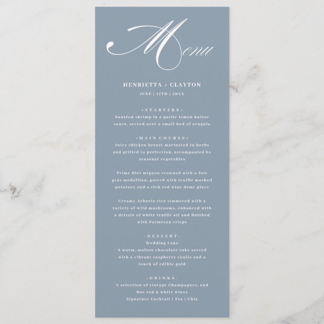 Timless Elegance Dusty Blue Bröllop Menu Meny (Framsida)