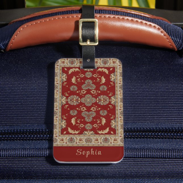 Timless Elegance Red Beige Classic Fabric Namn Bagagebricka (Framsida Insitu 2)