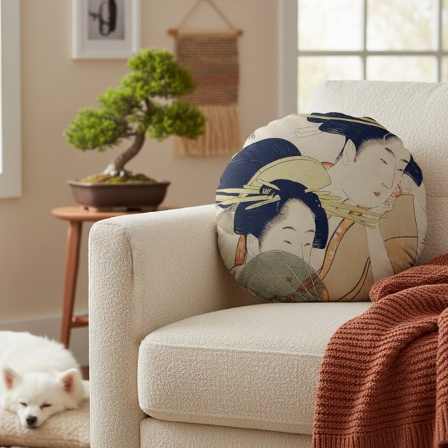 Timless Elegance: Vintage Japansk Geisha Art Rund Kudde (Japanese geisha art inspired round accent pillow.)
