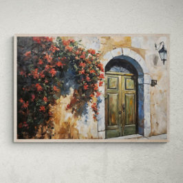 Timless Entry: Rustic Door with Red Blommigts Poster