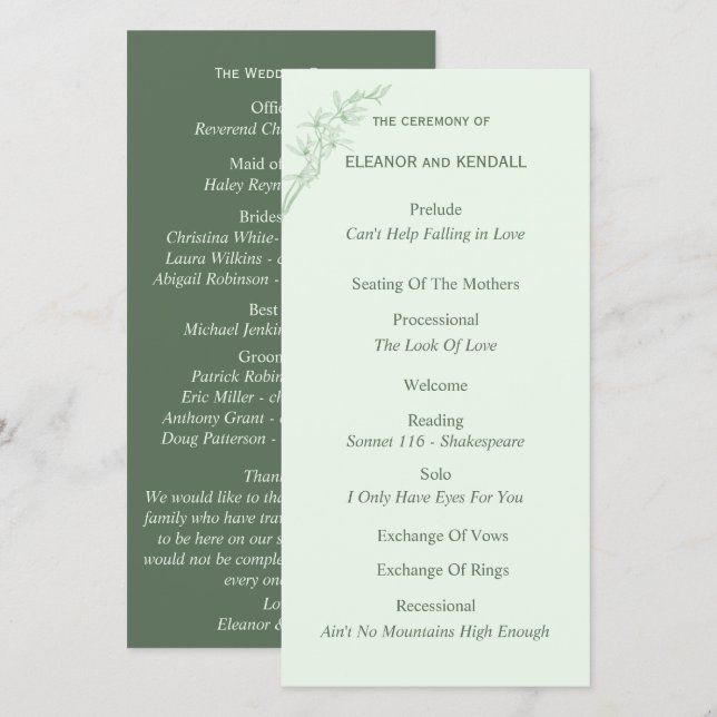 Timless Flower-Bröllopsprogram (Fram/baksida)