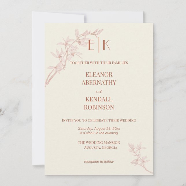 Timless Flower Monogram Bröllop Inbjudningar (Framsida)