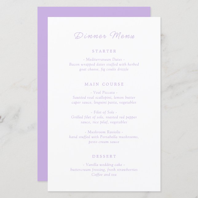 Timless Lilac Classic Bröllop Menu (Fram/baksida)