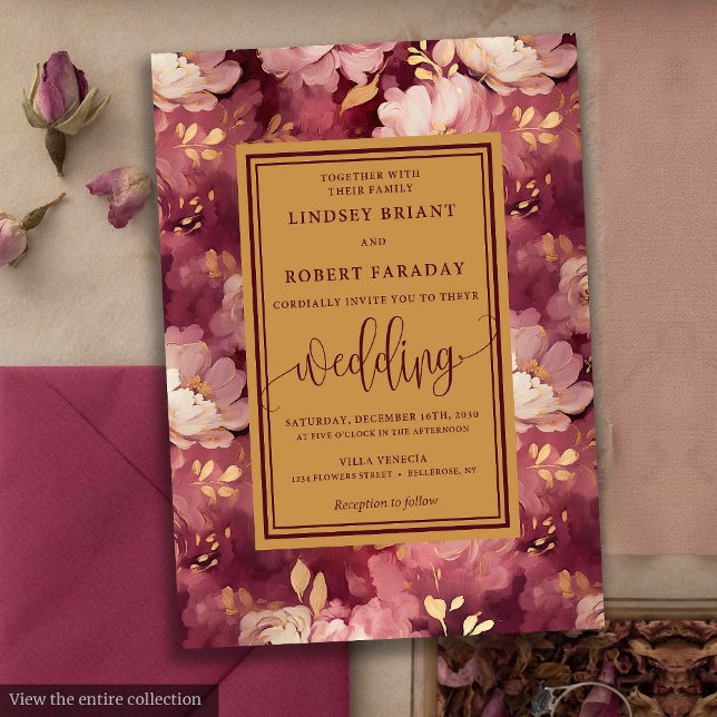 Timless Luxury Maroon  Guld Blommigten Bröllop Inbjudningar (Timeless Luxury Maroon Blush Gold Floral Wedding Invitation)