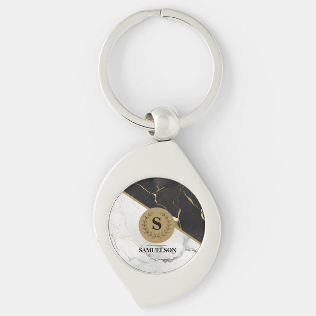 Timless Marble Monogrammed Keychain Swirl Silverfärgad Nyckelring (Framsidan)