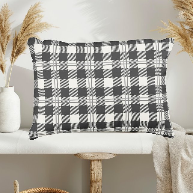 Timless Mörk Grått Benvit Buffalo Play Prydnadskudde (Buffalo Plaid Dark Gray and Buttercream Plain Accent Pillow)