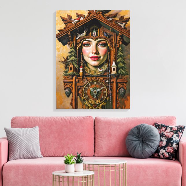"Timless Muse" - A Cuckoo Clock Porträtt Canvastryck (Insitu (Vardagsrum))
