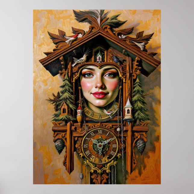 "Timless Muse" - A Cuckoo Clock Porträtt Poster (Framsidan)