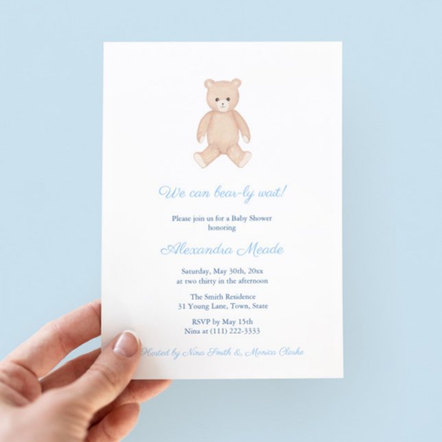 Timless Nalle Baby Shower for Boy Party Inbjudningar (Classic Watercolor Teddy Bear Baby Shower For Boy Invitation with pale blue accents )