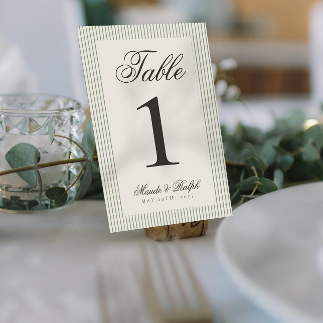 Timless Old Money Grönt Rand Bröllop Bordsnummer (Guide guests to their seats using these Timeless Old Money Thin Stripe Wedding Table Numbers! )