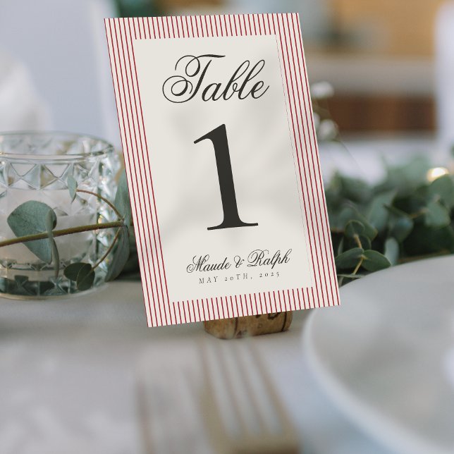 Timless Old Money Red Rand Bröllop Bordsnummer (Guide guests to their seats using these Timeless Old Money Thin Stripe Wedding Table Numbers! )