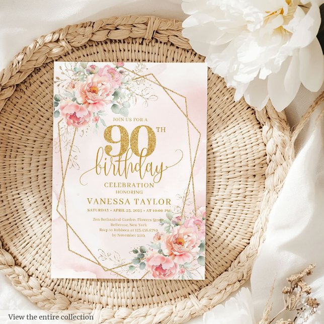 Timless Powder Rosa Guld Blommigt 90:e födelsedag Inbjudningar (Timeless Powder Pink Gold Floral 90th Birthday Invitation)
