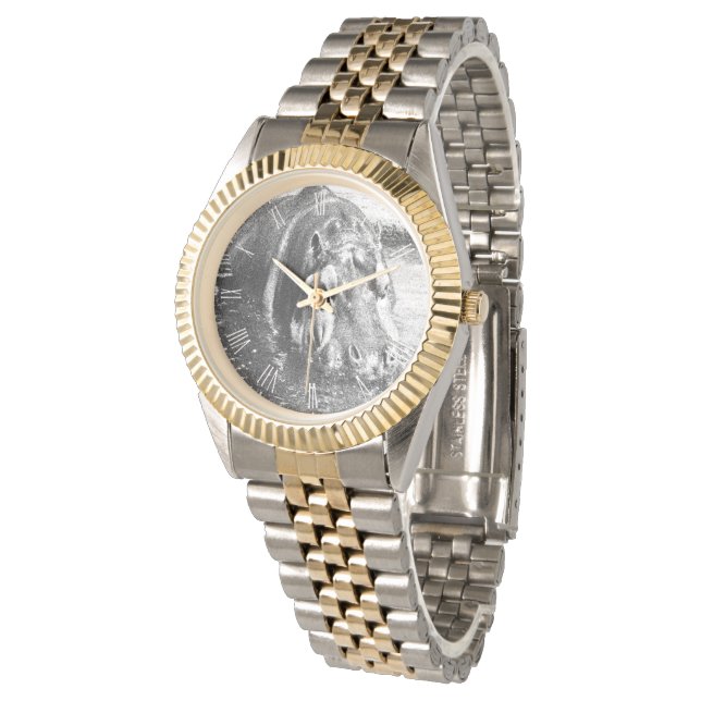 **"Timless Sträng: Grainy Black and White Hippo Armbandsur (Vinklad)