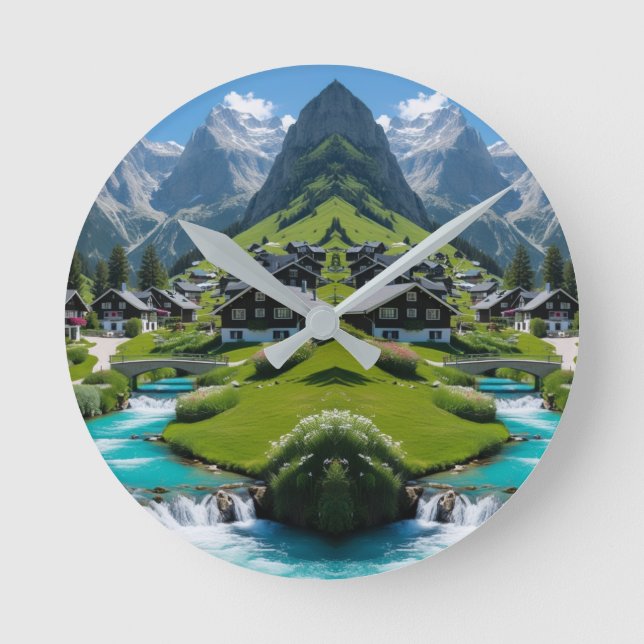 "Timless Tranquilitet - Alpine Village Rund Klocka (Framsida)