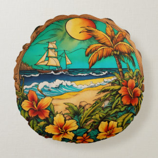 Timless Tropical Bläck - Monterey Beach Tattoo Art Rund Kudde