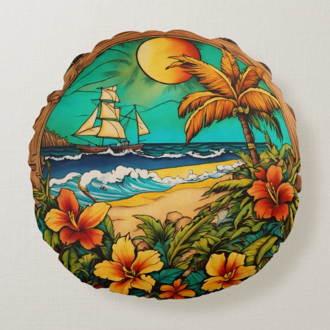 Timless Tropical Bläck - Monterey Beach Tattoo Art Rund Kudde (Framsidan)