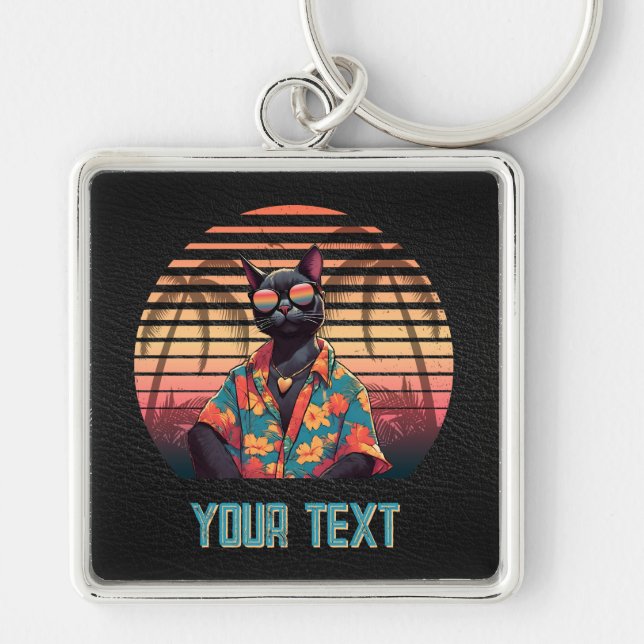 Timless Tropical Cat Attitude Square Fyrkantig Silverfärgad Nyckelring (Framsidan)