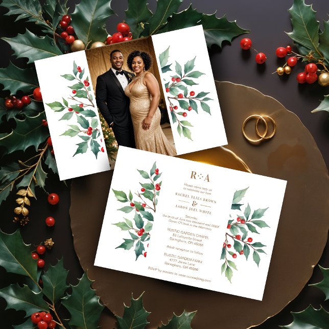 Timlös jul Holly Grenar Photo Bröllop Inbjudningar (Timeless Watercolor Effect Christmas Holly Branches Photo Faux Golden Wedding Invitations Cards.)